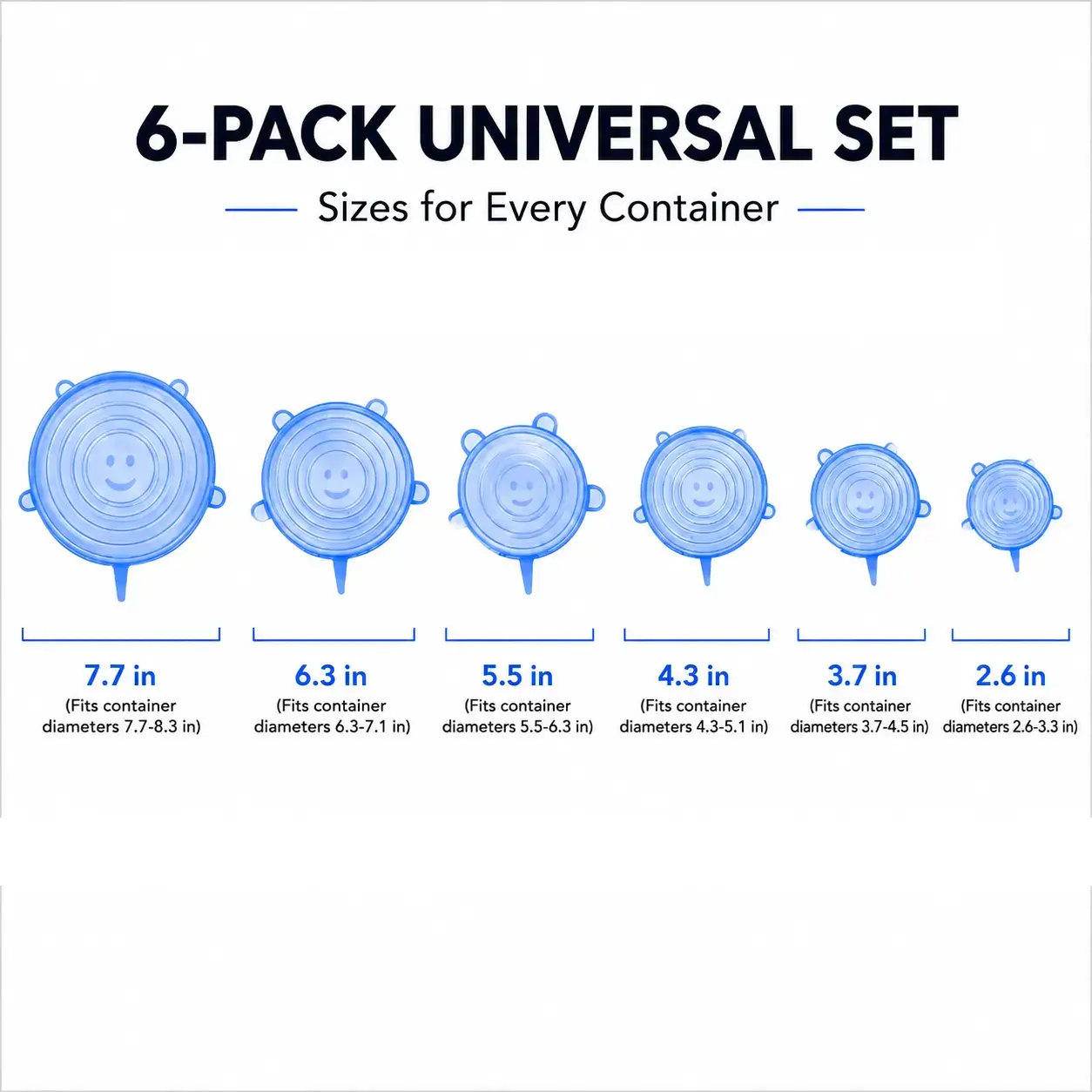 6-Pack Silicone Stretch Lids (2.6In, 3.7In, 4.3In, 5.5In, 6.3In, 7.7In) - Bpa-Free Food-Grade Reusable Covers for Bowls, Pots, Cups