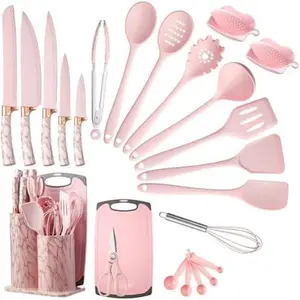 25 PCS Kitchen Utensils Set, Silicone Cooking Utensils Set with Kitchen Knife Set and Holder, Silicone Handle Kitchen Tool Set - Kitchenware Set (Rose Gold Pink)
