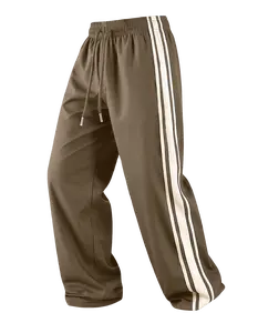 Wide-leg sweatpants with side stripes, drawstring elastic waistband at the top, retro three-stripe design, Y2K style.