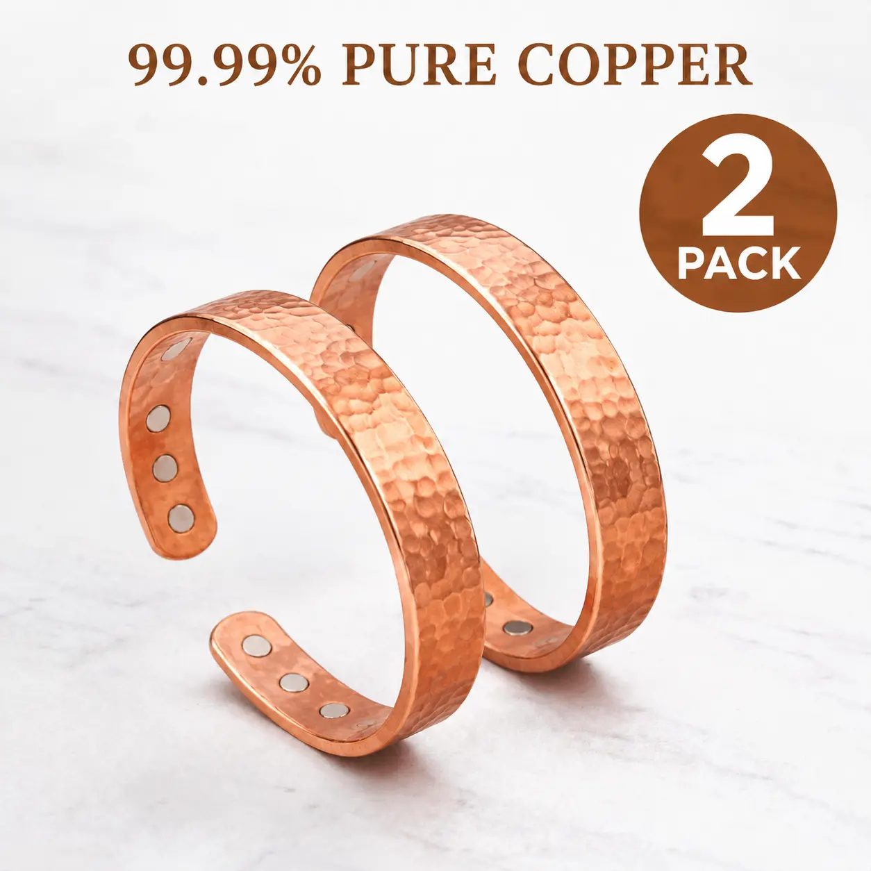 2 Pack Handcrafted Hammered Copper Magnetic Fashion Bracelets - Adjustable Cuffs, Arthritis Support Gift, 6.5–7 in, Everyday Wear, Father’s Day/Anniversary Present, One Size Fits Most