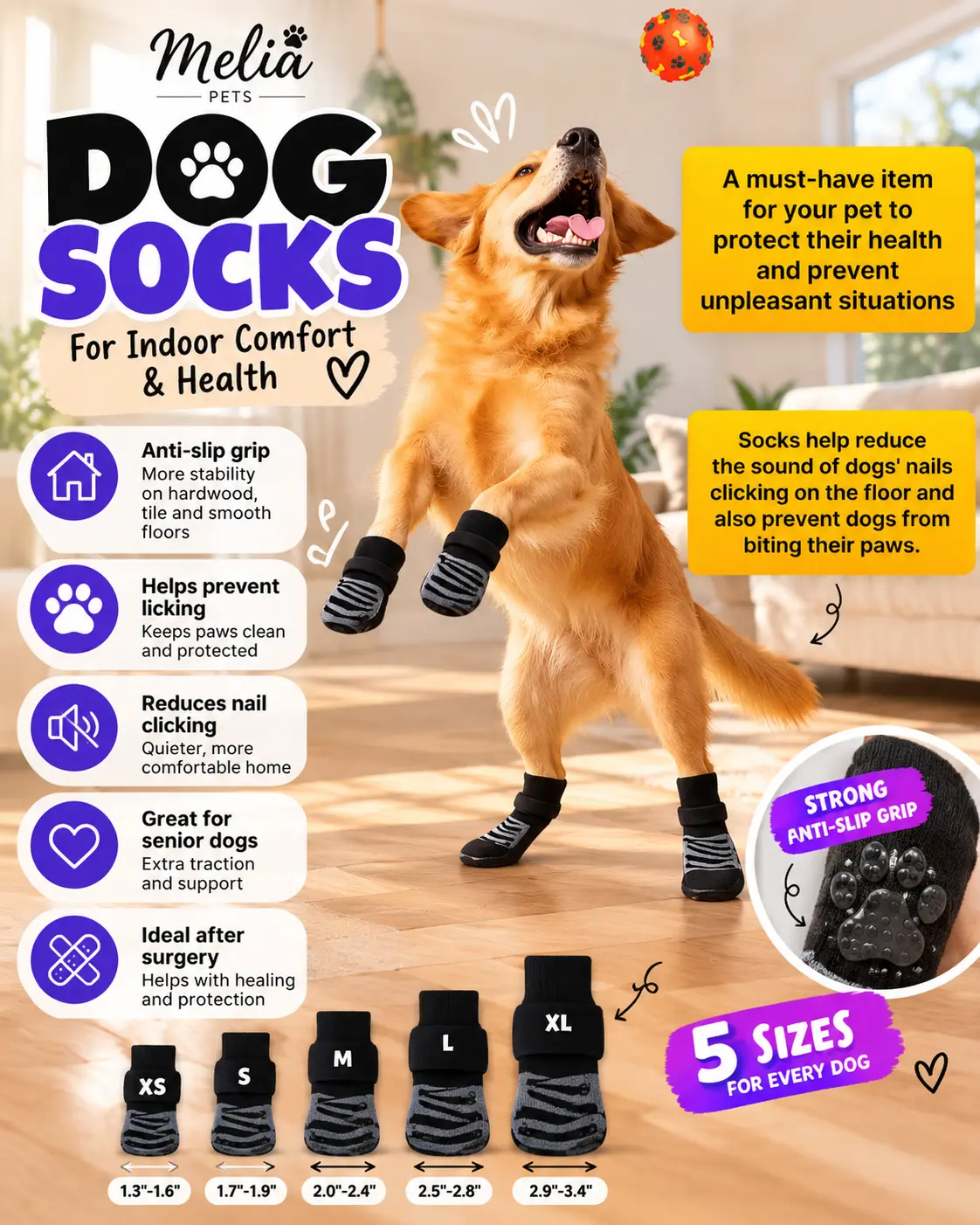 Grippy Dog Socks - Premium Non-Slip Dog Socks & Lightweight Dog Shoes – Paw Protection for Cold Floors, Hot Pavement & Everyday Wear | Cotton & Waterproof Options | XS–XL