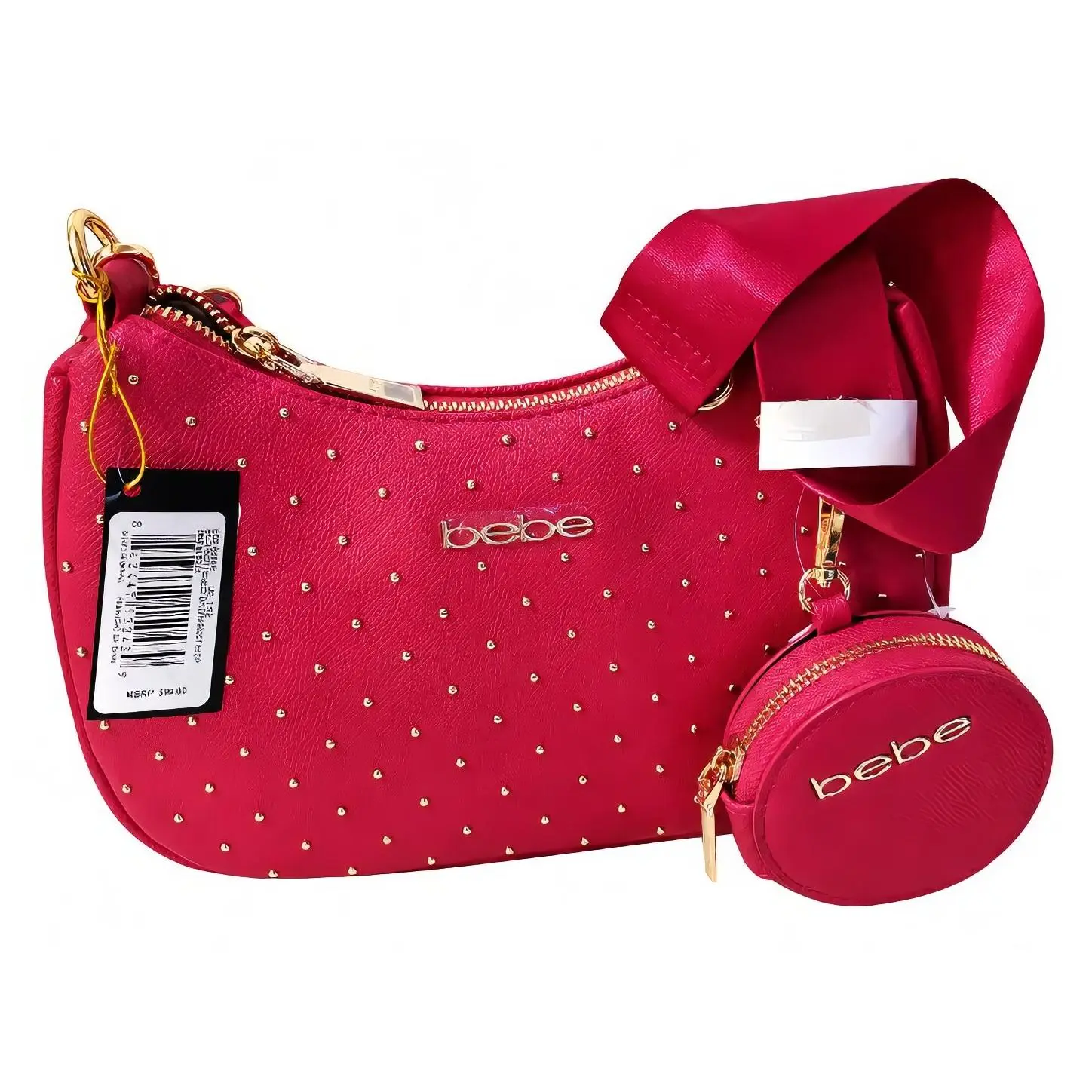 Bebe Red Crossbody Bag with Zipper Closure and Round Shape, Featuring Gold Color Hardware and Bebe Logo