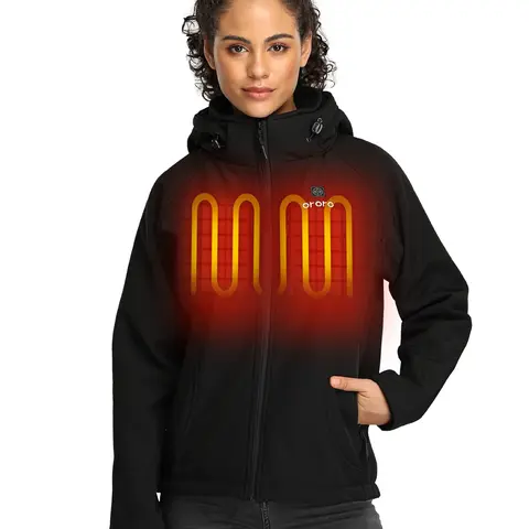 ORORO Women's Fitted 3-Zone Heated Soft Shell Jacket - Hooded with Detachable Drawcord Hood, Long Drop-Shoulder Sleeves, Wind-Resistant Water-Repellent Fabric, Battery Pack Included, Adjustable Sports Outerwear for Sport Enthusiasts