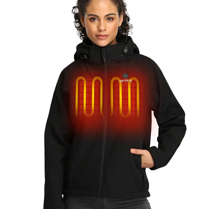 ORORO Women's Fitted 3-Zone Heated Soft Shell Jacket - Hooded with Detachable Drawcord Hood, Long Drop-Shoulder Sleeves, Wind-Resistant Water-Repellent Fabric, Battery Pack Included, Adjustable Sports Outerwear for Sport Enthusiasts