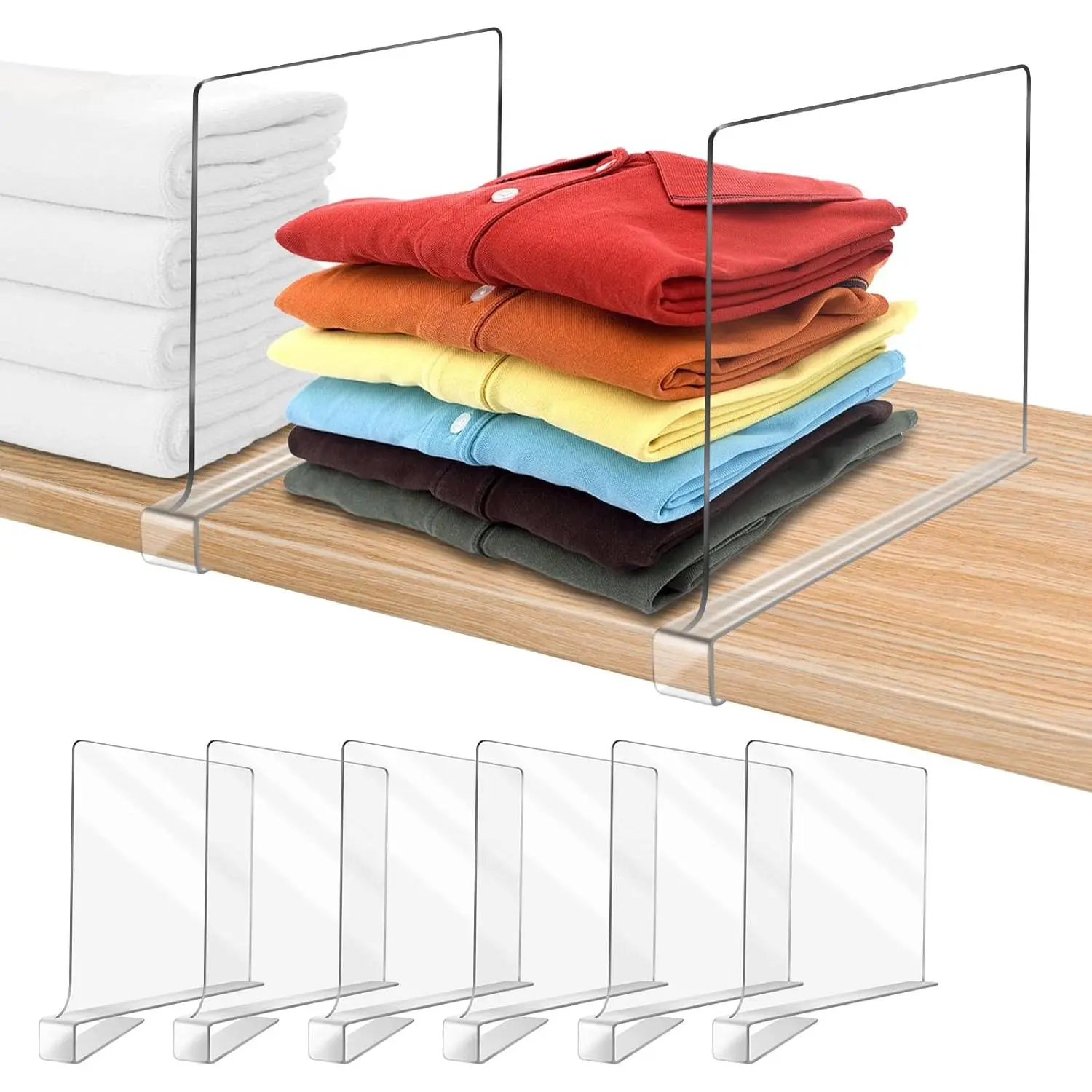 Clear Acrylic Closet Shelf Dividers, 6PCS Wood Closet Separator & Storage Organizer That Neatly Organizes Home Supplies