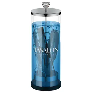 Barber Jar (45.5 Oz) with Crystal Handle - Disinfectant Jar for Salon, Spa and Manicure Shop - Durable Glass and Sterilizing Container with Removable Stainless Steel Basket - Large