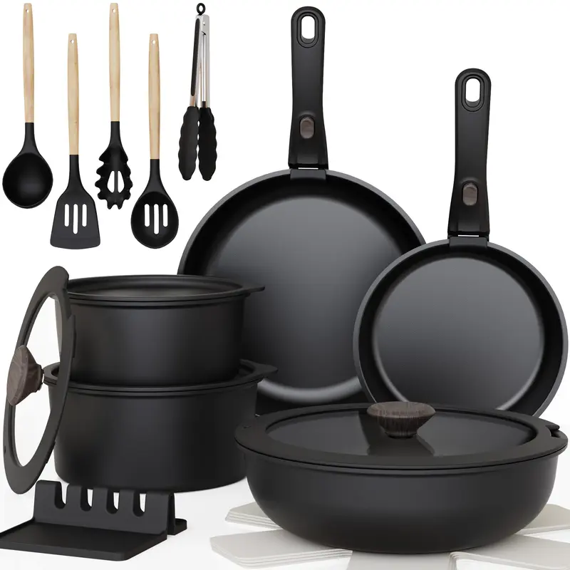 Astercook 20-Pcs Nonstick Induction Aluminium Cookware Set - Detachable with Removable Handle, Chemical-Free, Durable, Easy to Clean Household Items for Gatherings, White, Father's Day Gift, Cooking Made Easy