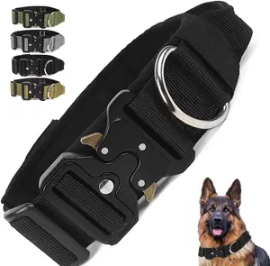Tactical Dog Collar With Handle Heavy Duty Military Thick for Medium and Large Dogs Quick Release Metal Buckle Adjustable Comfortable 1.8" Wide Black L 16-19"