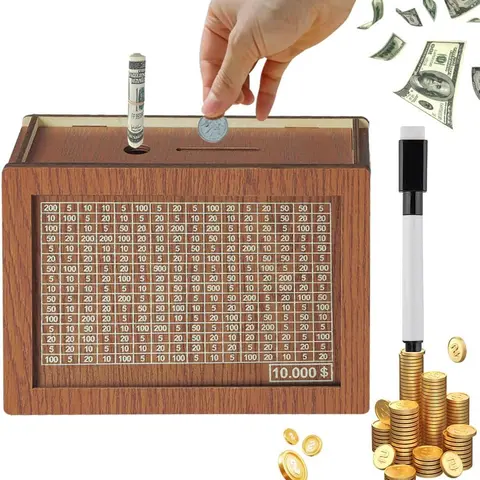 Wooden Money Saving Box for Kids & Adults - Reusable $10,000 Savings Challenge Box with Progress Tracker & Cash Vault, Educational Piggy Bank Gift for Boys Girls 3-12