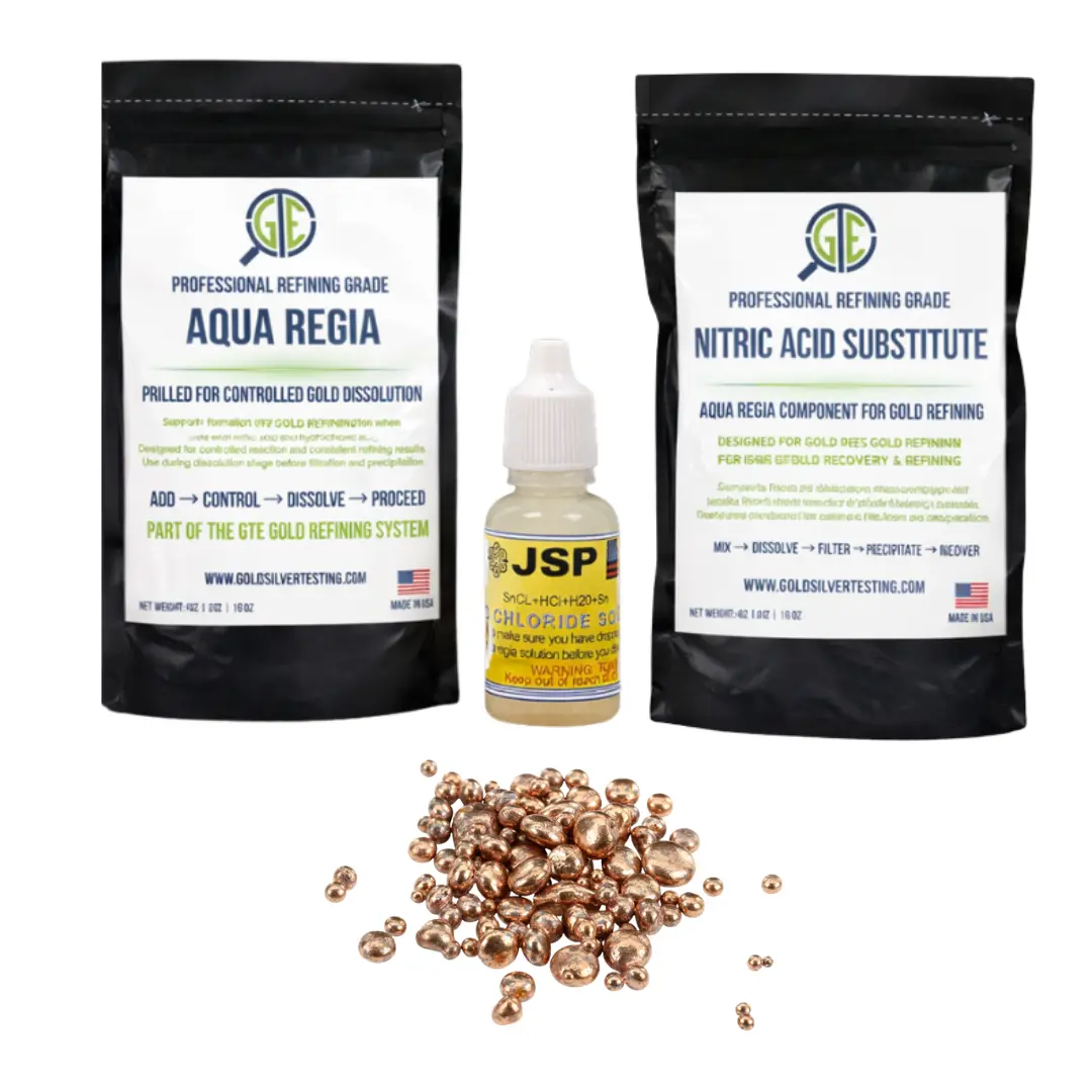 DIY Jewelry Making Silver Recovery Kit - Nitric Acid Substitute, 3 oz Copper Shot, JSP Stannous Chloride Test Solution, Urea Cementation Method, for Hobbyist & Small-Scale Refining, Includes Stannous Chloride for Jewelry & Alloy Processing