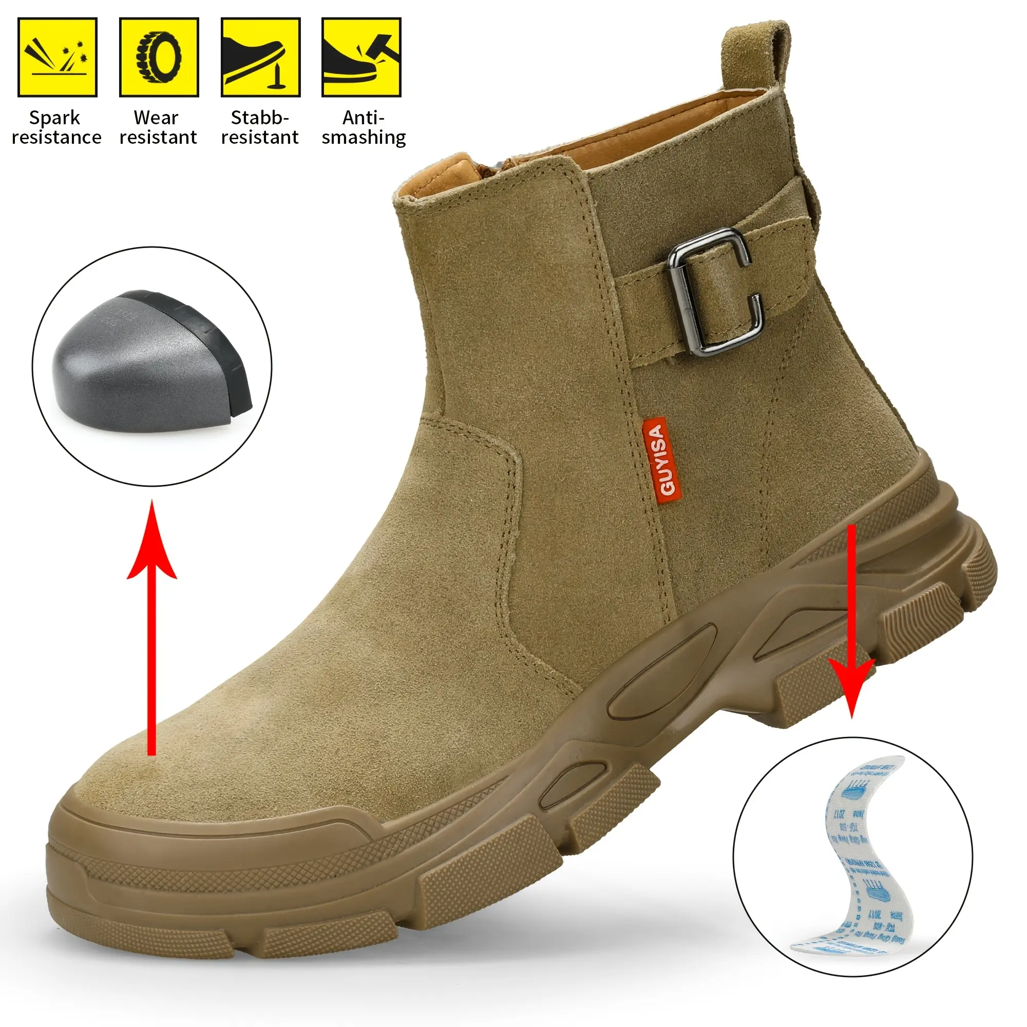 Men's Steel Toe High Top Safety Boots - Puncture Resistant, Flame Retardant and Shatterproof, Comfortable Fabric Lining, Non-Slip Rubber Sole, Suitable for Industrial and Construction Work, Khaki