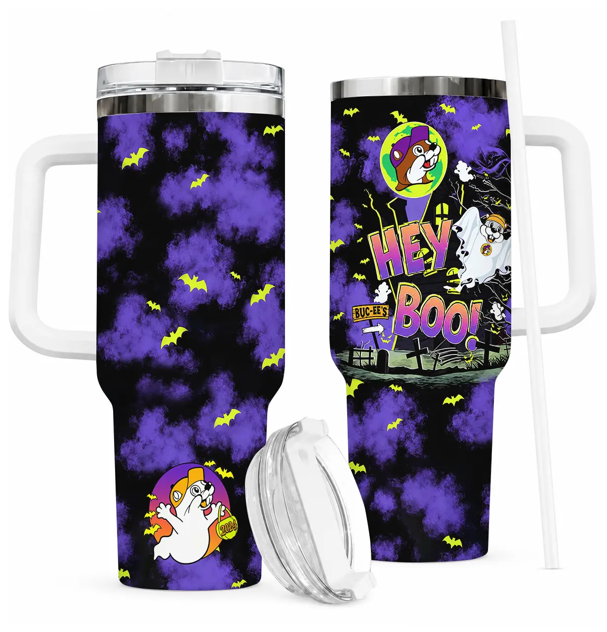 Buc-ee's Halloween Tumbler 40oz with Handle & Straw, Purple Spooky Cloud & Neon Bat Print, 'Hey Boo!' Buc-ee Beaver Ghost Travel Mug, 2026 Spooky Season Gift