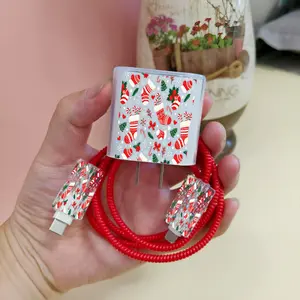 5pcs Christmas Socks Set with Candy, Ribbon, Snowflake, Green Leaf, and Gift Box. Cute Cartoon Elements Suitable for iPhone 17 16 15 14 13 12 11 Pro Max Charger Case, Cartoon Wrapping Rope Anti-Breakage, Boyfriend/Girlfriend Gift with 20W Fast