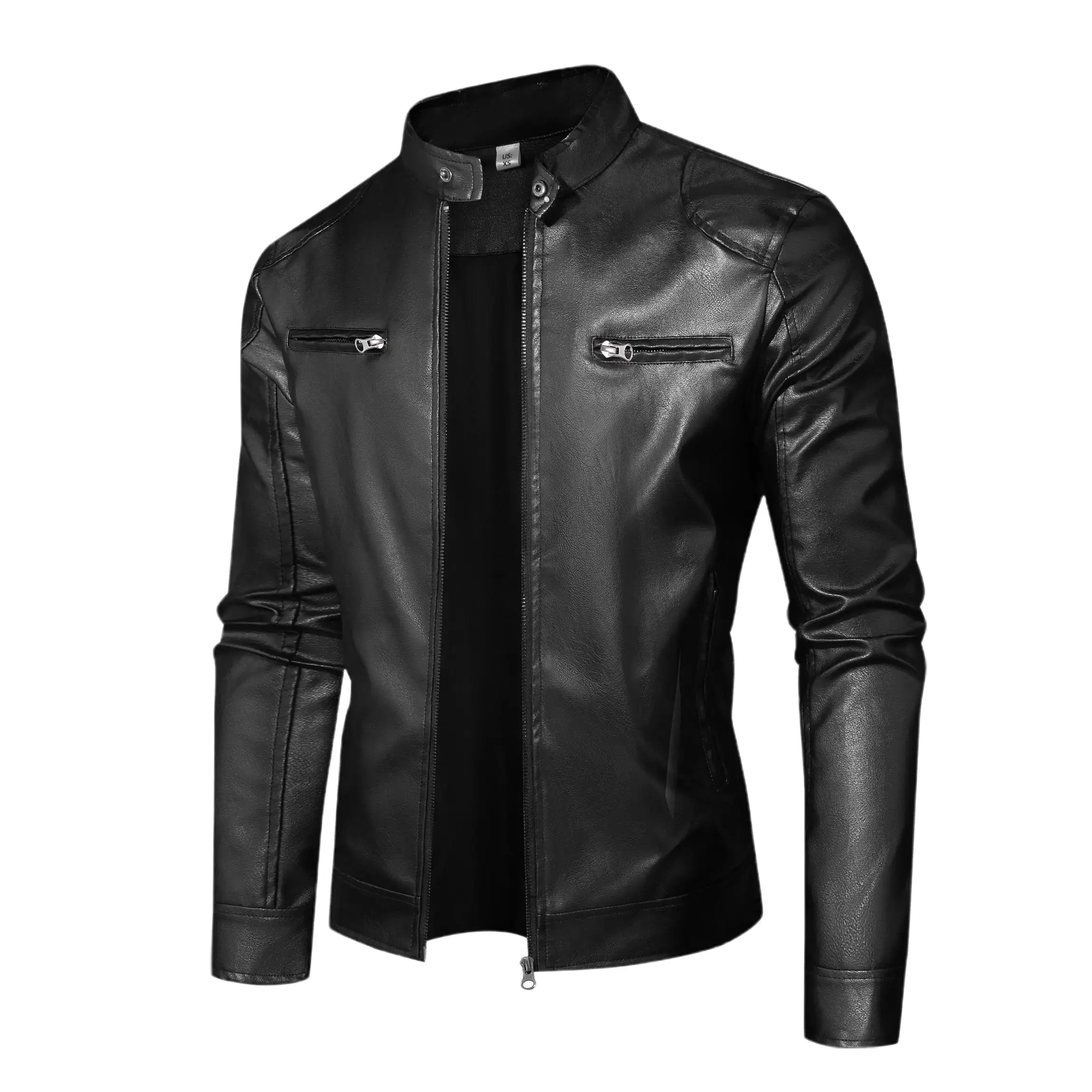 Men's Fitted PU Leather Biker Streetwear Jacket - Casual Long-Sleeve Stand Collar Coat with Multiple Pockets, Black New Year Style, PU Leather Jackets for Men