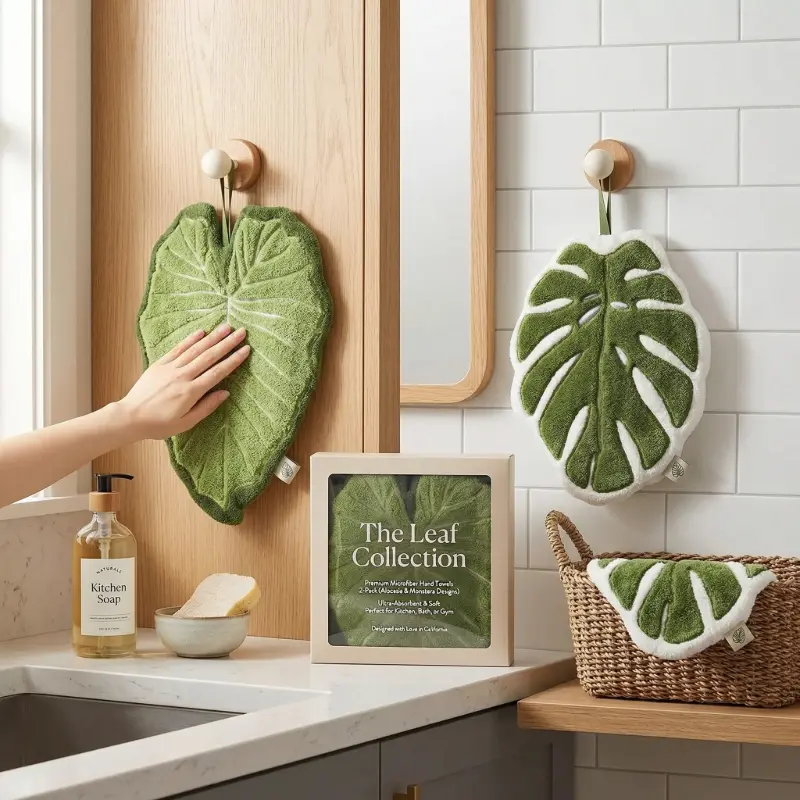 Nexapick Hangable Minimalist Bohemian Plant Coral Fleece Hand Towel - Original Alocasia Leaf Shape, Soft, Durable Daily Use, Water Absorbent Cloth for Hand Wash, Kitchen, Bathroom, Viral Decor