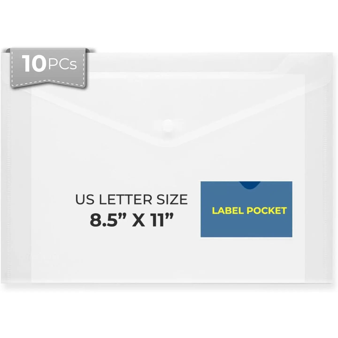 FLEXOFFICE 10 Pack Clear Plastic Envelopes with Snap Closure & Label Pocket, Reusable Poly Envelopes Waterproof for A4, US Letter Size, Important Document
