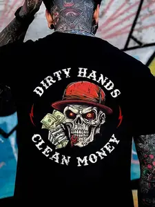 Men's Casual Streetwear Round Neck T-Shirt, Soft Comfortable Short Sleeve, Skull Graphic Print, Fitted Style, Suitable for All Seasons, Menswear