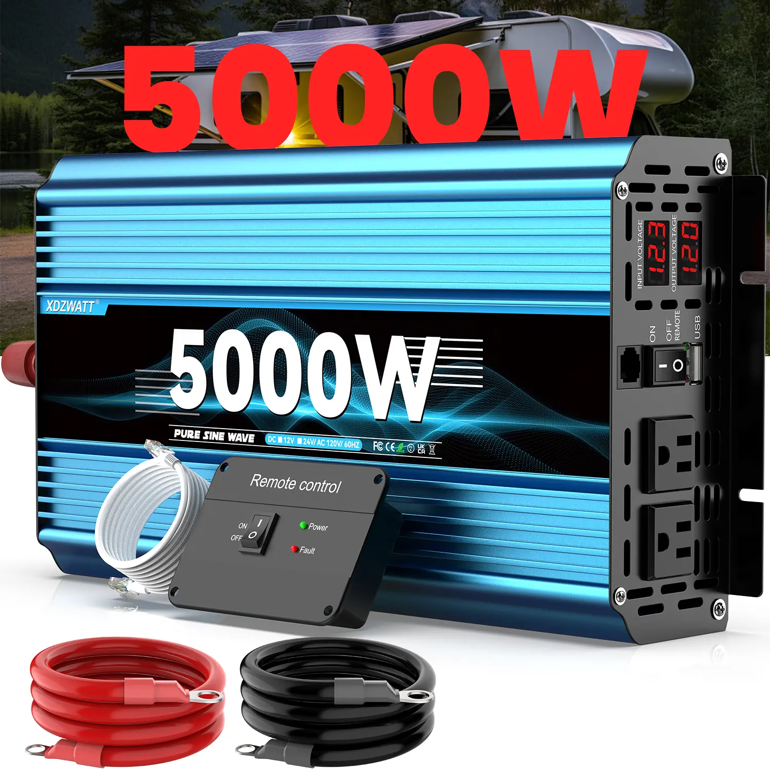 5000W(Peak)pure sine wave power inverter, suitable for cars,  supports inversor nversor 12V/24V DC to 120V AC alta capacidad para casa equipped with a digital display and USB port, suitable for home, outdoor and travel scenarios