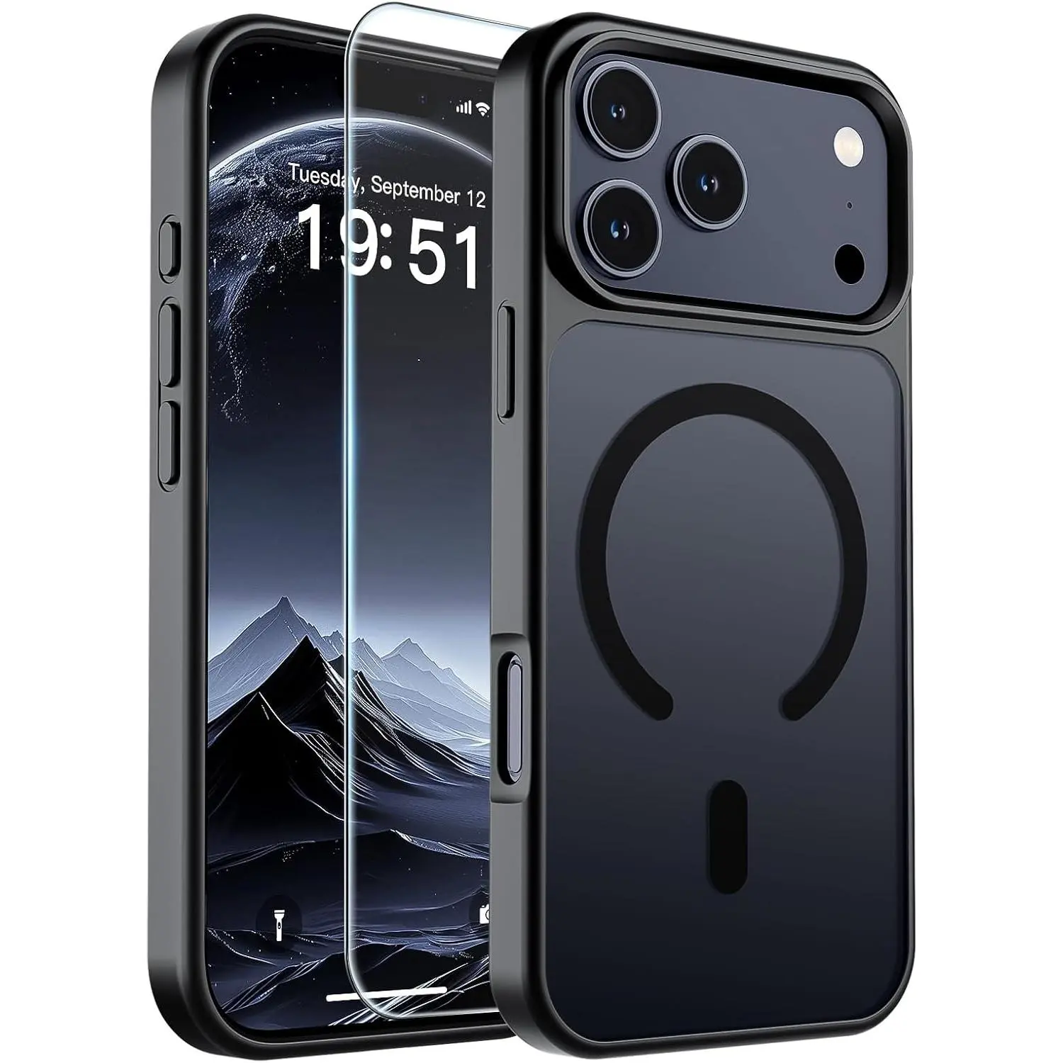 SUPFINE Magnetic Wireless Phone Case for iPhone 17 Pro Max, MagSafe-Compatible, Military-Grade Drop-Proof Protection, Translucent Matte Black, with Screen Protector, Mobile Phone Accessory