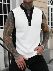💪Black & White Waffle Knit Sleeveless Plain Henley | Breathable Men's Casual Vest