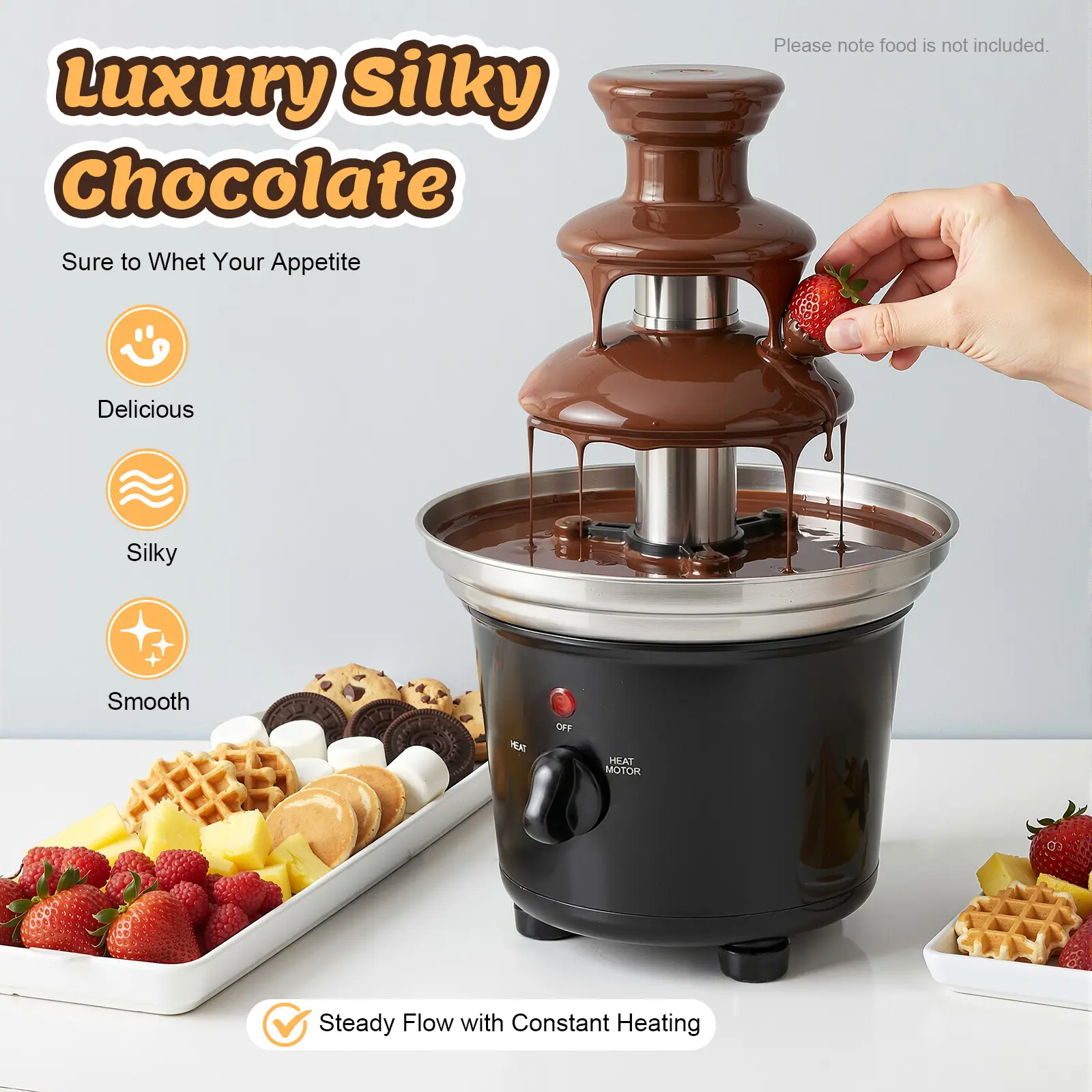 Electric 3 Tier Chocolate Fountain, Stainless Steel Fondue Machine for Party Wedding, 1 lb Capacity, Food Tray 5 Forks, Easy Clean, Silent Motor