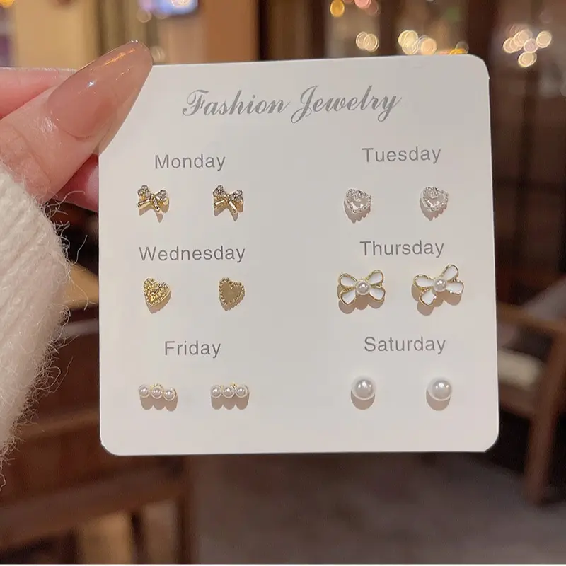 6-Piece Gold Tone Hypoallergenic Stud Earrings Set - Artificial Zirconia & Pearl, Heart Shaped & Flower Designs, Fashionable Costume Jewelry Accessories, Daily Wear & Birthday Gift Box, Artificial Zirconia Earrings, Heart Shaped Earring