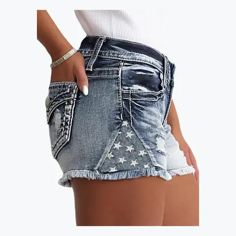 2025 Women's H-Type Distressed Retro Denim Short Shorts - Frayed, Ripped, Embroidered, Elastic Slim Fit, Button Closure, Above Knee Lady Bottom, Knitting Accent Clothes for Women for Party, Outdoor Activities