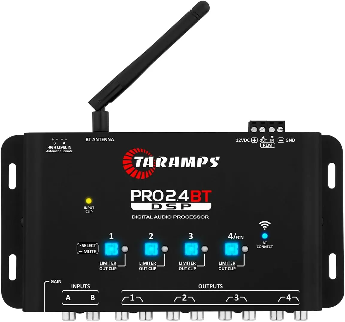 Pro 2.4 BT Bluetooth DSP Crossover Full, Digital Signal Processor, Car Audio Equalizer with App, Gain up 9V, 15 Band Graphic Equalization, 12 preset EQ, 2 in and 4 Out, High Level Input