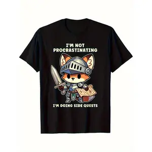 Cute Fox Knight T-Shirt - Funny "I'm Not Procrastinating, I'm Doing Side Quests" Graphic Tee, Casual Crew Neck Cotton T-Shirt, Super Soft, Breathable Summer Tee - Perfect Gift for Gamers, Fantasy Lovers, Dad, Mom, Couples, Friends for Holidays and Bi