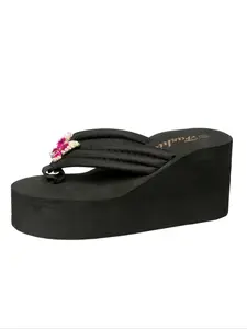 Summer Butterfly Rhinestone Sandals, Beaded Decorative Thick Sole Wedge Flip Flops, Women's High Heel Open Toe Slippers