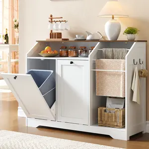 43.3" Laundry Hamper Cabinet, Double Tilt-Out Laundry Hamper with 4 Hooks and 3 Towel Racks, 2 x 8.7 Gal Hidden Laundry Baskets, Trash Can Cabinet for Bathroom, Kitchen, White and Walnut #SummerVibes