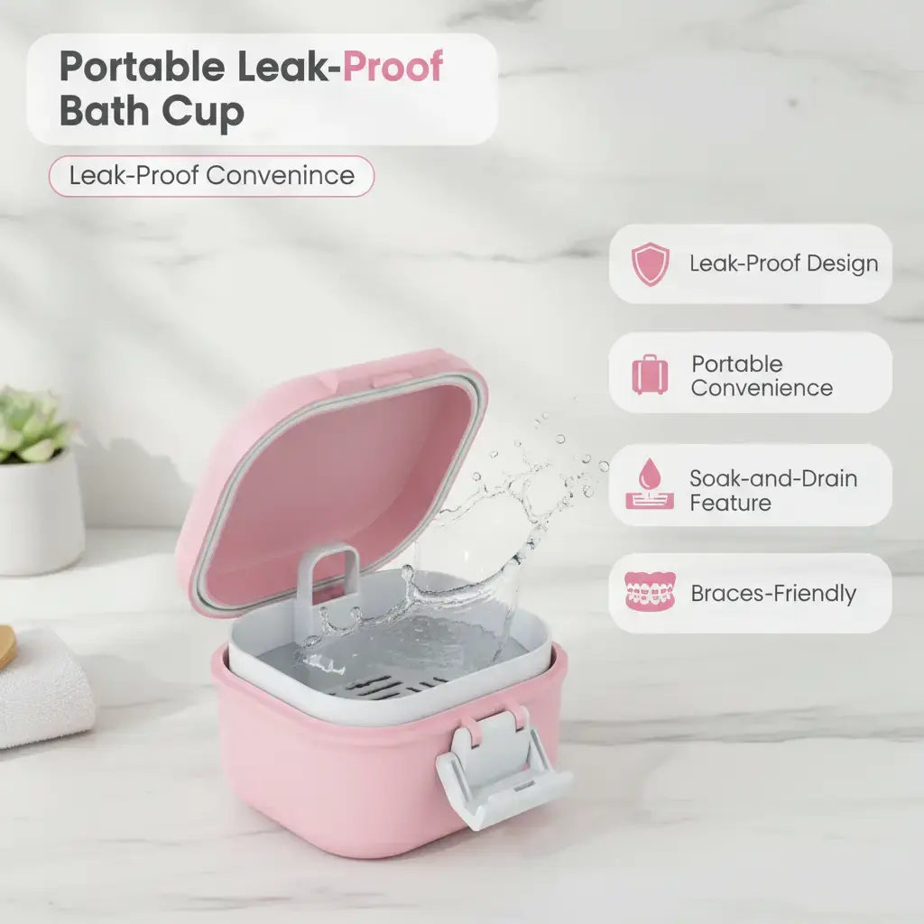 BVN Leak-Proof Bath Cup with Strainer - Denture Care Tool, Portable Soak-and-Drain Case for Dentures/Braces (Pink + White)
