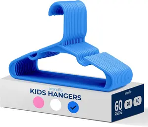 60-Pack Plastic Kids Hangers - Blue | Non- Slip Hanger with Hook & Shoulder Grooves - Ultra-Thin Space Saving Clothes Organizer for Everyday Use Home Essentials