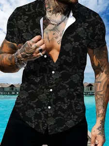 Men's Short Sleeve Printed Shirt, Fashion Slim Flower Design, Summer Casual Men's Top