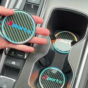 Car Luminous Cup Holder Coaster, 2 Carbon Fiber Anti Slip Embedded Coasters, Universal 2.75-Inch Cup Holder Insertion Coaster, Sports Car Durable Beverage Mat, Car Interior Additions
