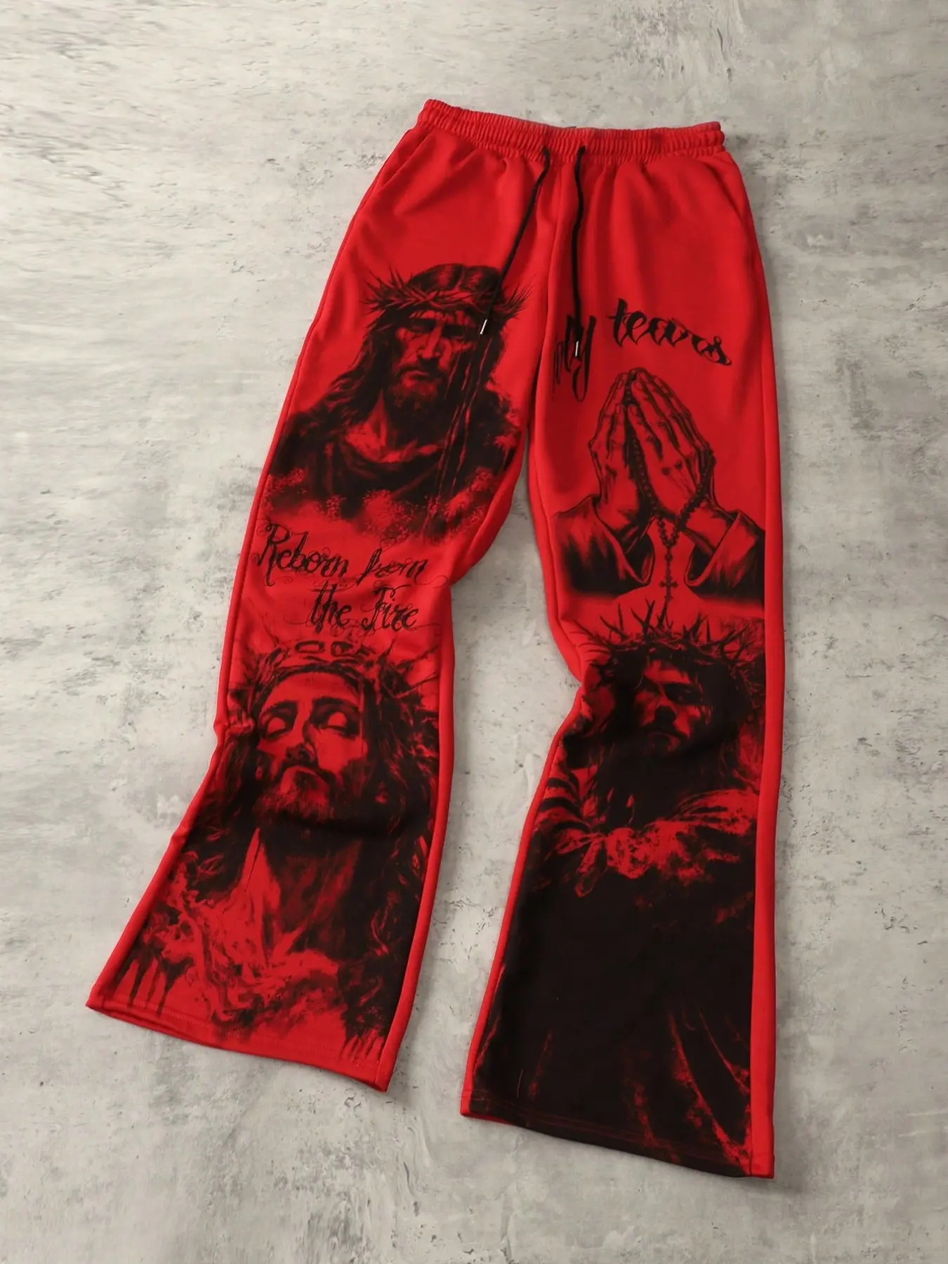 Unisex Reborn From the Fire Graphic Flare Pants, Loose Fit Gothic Font, Soft Elastic Fabric, Casual Street Style Long Trousers