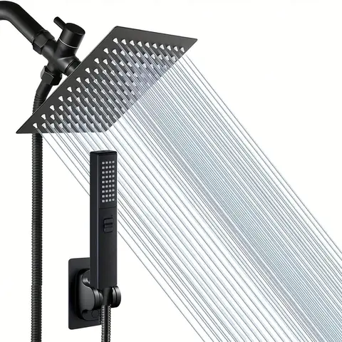 8-Inch High-Pressure Square Rain Shower Head & 2-in-1 Manual Handheld Shower Set, Stainless Steel, 3-Way Diverter, 60-Inch Hose, Sticky Wall Mount Bracket, Head Attachment, Water-Saving for Adjustable Bathroom Fixtures, Rain Showerheads & Handheld Showers