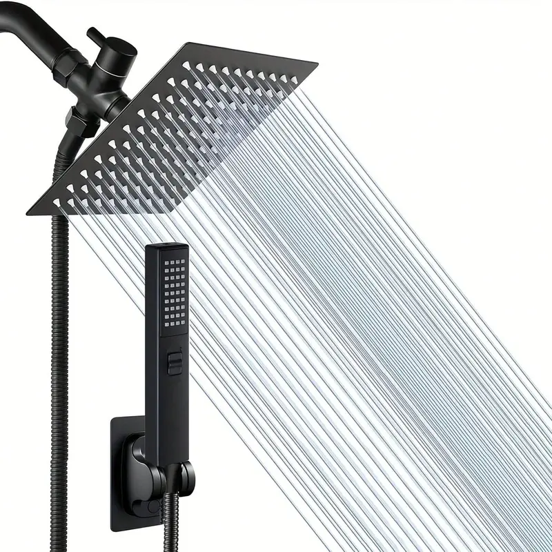 8-in High-Pressure Square Wall Mount Plastic Dual Showerheads & Handheld Showers Set, 2-Spray Patterns 2-in-1 Manual Shower, 60-in Hose, 3-Way Diverter Valve, Sticky Bracket (8 to 11.9 in Size Range)