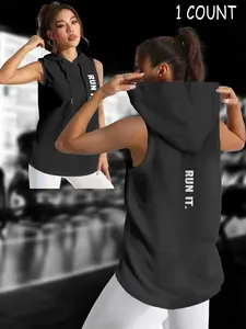 Women's Casual Hooded Sleeveless with Letter Print, Fashion Versatile Sports Style, Perfect for Summer Fitness Outdoor Wear, Yoga Sports Vest