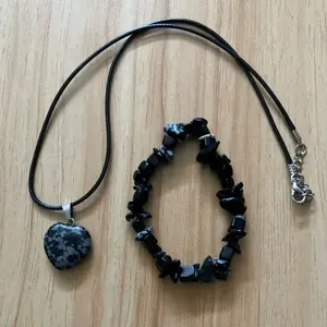 Snowflake obsidian heart necklace and chip bracelet set