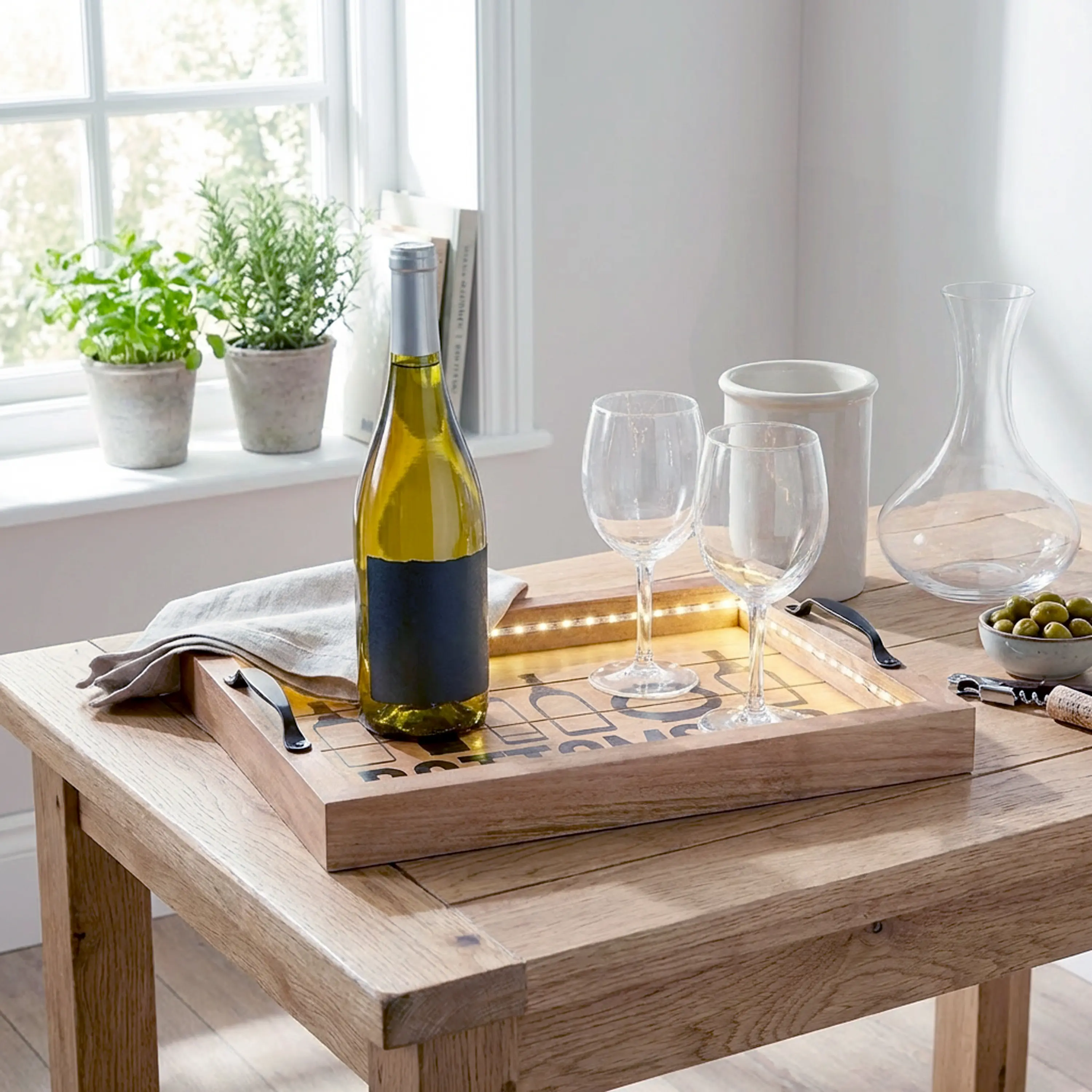 Verona Bottoms Up Wooden Serving Tray with LED, Wood & Black, 15.5"L