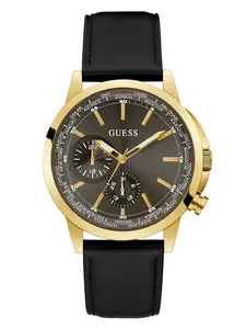 GUESS Male Gold-Tone and Black Leather Multifunction Watch
