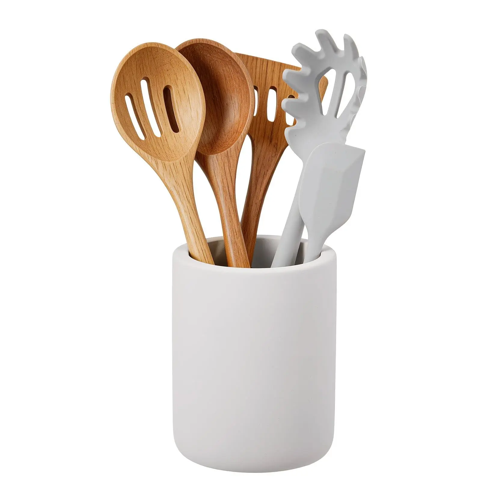 GARVEE Sturdy Gray Diatomaceous Earth Utensil Holder, Cylindrical Kitchen Countertop Organizer, Quick-Drying Cutlery Caddy for Spoons, Forks, Cooking Tools, 4.7x4.7x5.9in