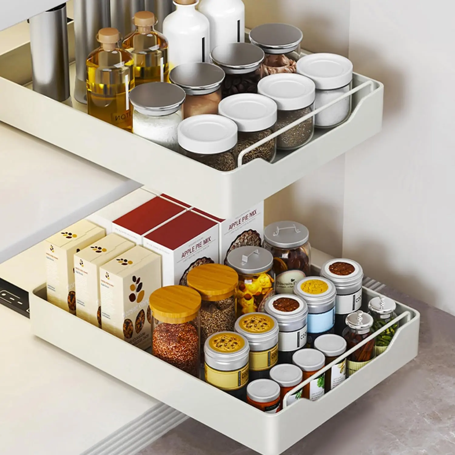 Pull-Out Cabinet Organizer Rack - Heavy-Duty Expandable Adhesive-Fixed, 11.81in W x16.92in D x2.75in H Slide-Out Shelf with Dampening Rails, Easy Installation, Smooth Glide, Pantry Organizer for Kitchen, Under Sink Storage Organizing Bin