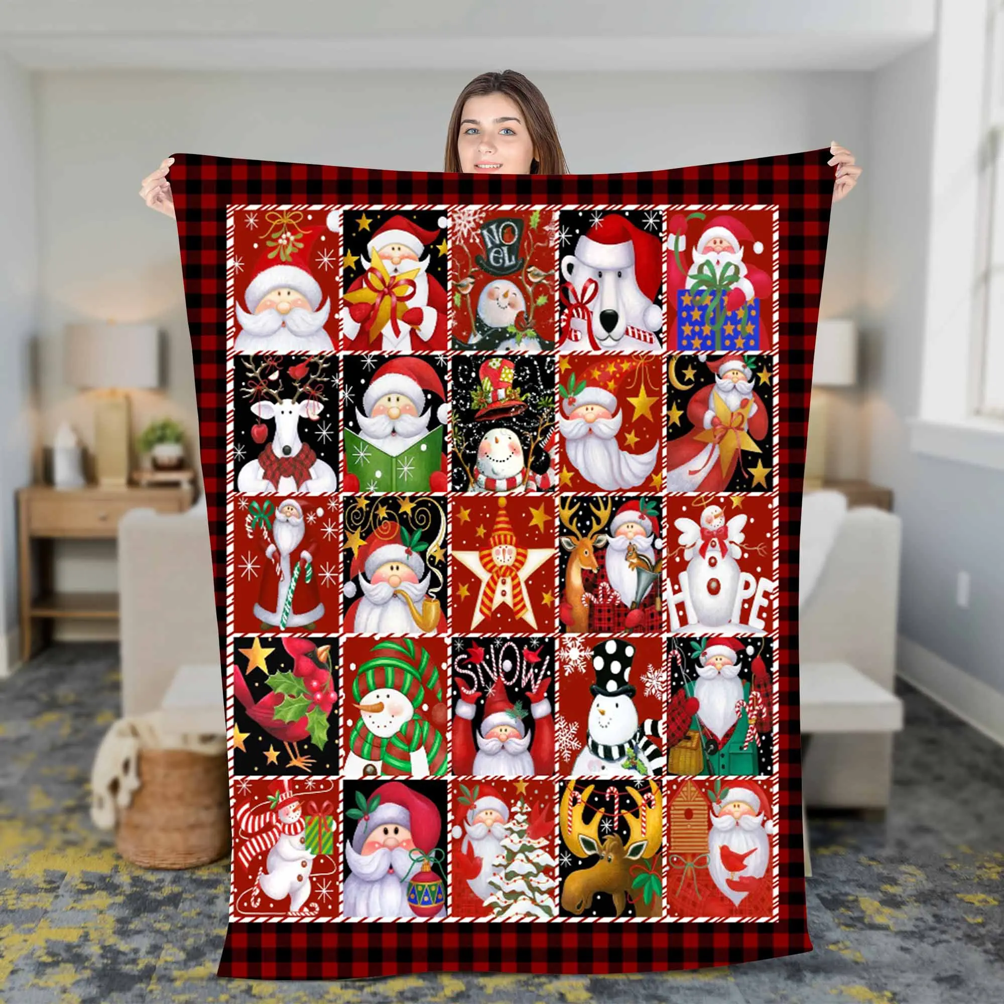 Modern Snowman Print Fleece Sherpa Blanket - Soft & Cooling - Christmas Blanket for Cozy Sleep