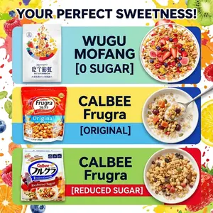 Calbee & Wugu Mofang Fruit Granola  3 Options: 0 Sugar / Normal/ Reduced Sugar. Crunchy High-Fiber Cereal w/ Freeze-Dried Berries & Probiotics. Healthy Non-Fried Breakfast, Roasted Oatmeal, Low-Calorie Vegan Snack  Muesli Food