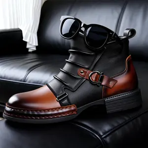 Urban Rebel Men's Moto Boots | Two-Tone Cyberpunk Style | Premium Vegan Leather Ankle Boots with Side-Zip |  Walking Shoes Fashion Bota