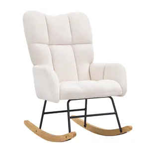 【fathersdaygift】VEVOR Rocking Chair Nursery, Glider Rocking Chair with Soft Seat and High Backrest, 250 lbs Weight Capacity Teddy Fabric, Upholstered Glider Rocker Chair for Nursery, Bedroom, Living Room, Ivory White