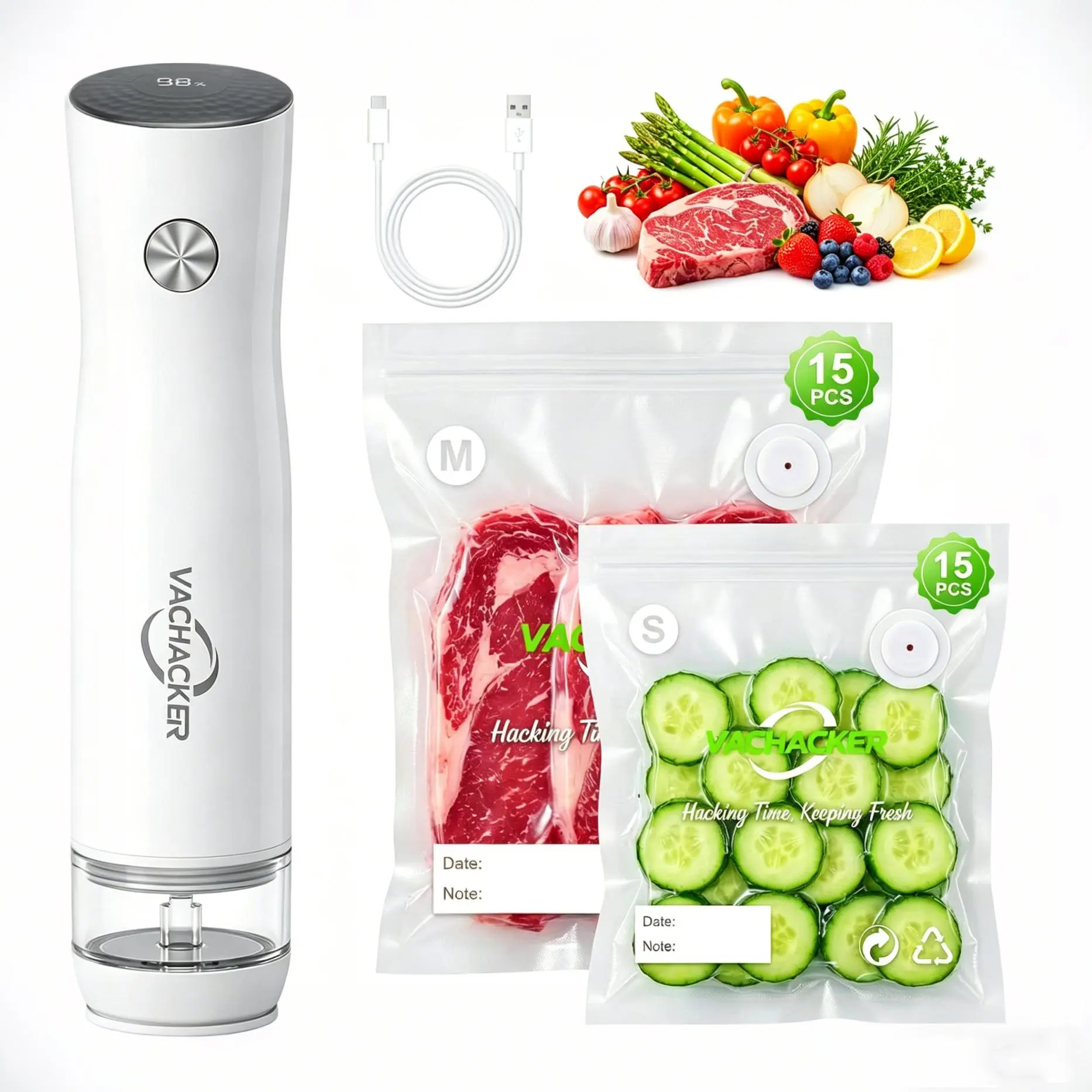 【DealsForYouDays】VACHACKER Handheld Vacuum Sealer with Visual Water Tank – 30 Reusable Bags, 5X Freshness, Portable Food Saver for Meal Prep, Kitchen & Travel