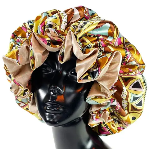 Women's Double-Layer Silky Satin Hair Bonnet - 15in Diameter Large Brimless Heatless Sleep Cap, Lady's Sleep Headscarf